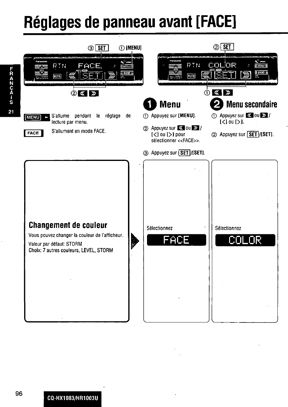 Réglages de panneau avant [face, Menu secondaire, Changement de couleur | Réglages de panneau avantlface, Menu | Panasonic Removable Full Front MP3 WMA /Receiver with CD Changer Control CQ-HR1003U User Manual | Page 96 / 172
