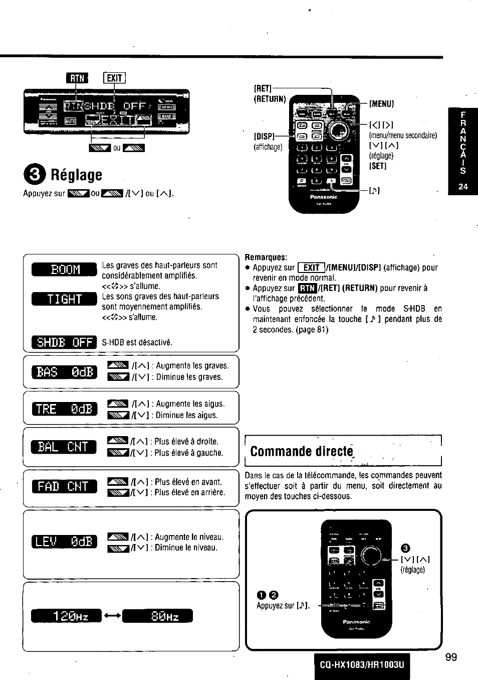 E réglage, Boom, Tight | Shde off, Leu 0de, 1 £0hz, Commande directe, Réglage, Boom tight shde off, Eas 0de | Panasonic Removable Full Front MP3 WMA /Receiver with CD Changer Control CQ-HR1003U User Manual | Page 99 / 172