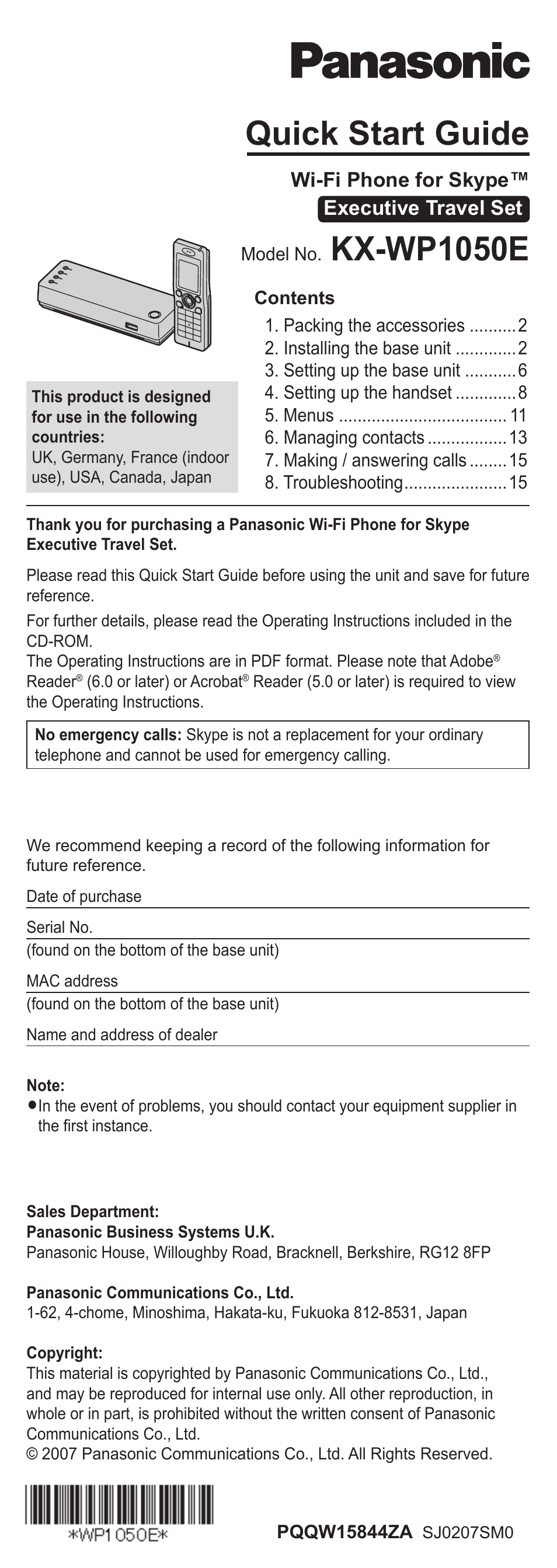 Panasonic KX-WP1050E User Manual | 9 pages