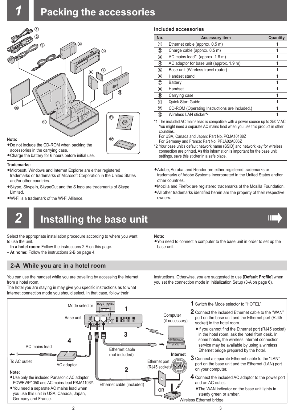 Packing the accessories, Installing the base unit | Panasonic KX-WP1050E User Manual | Page 2 / 9