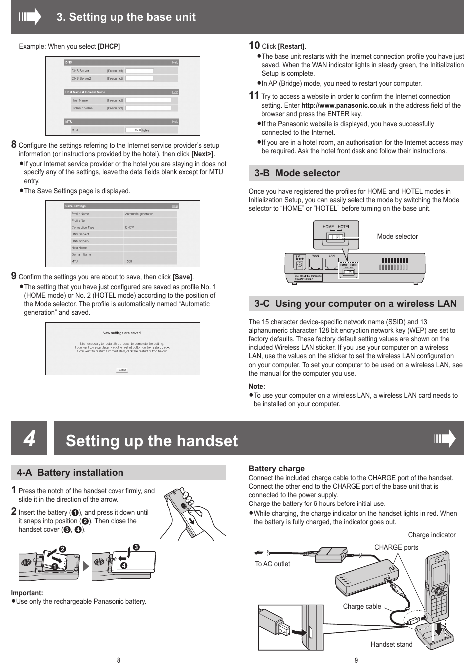 Setting up the handset, Setting up the base unit | Panasonic KX-WP1050E User Manual | Page 5 / 9