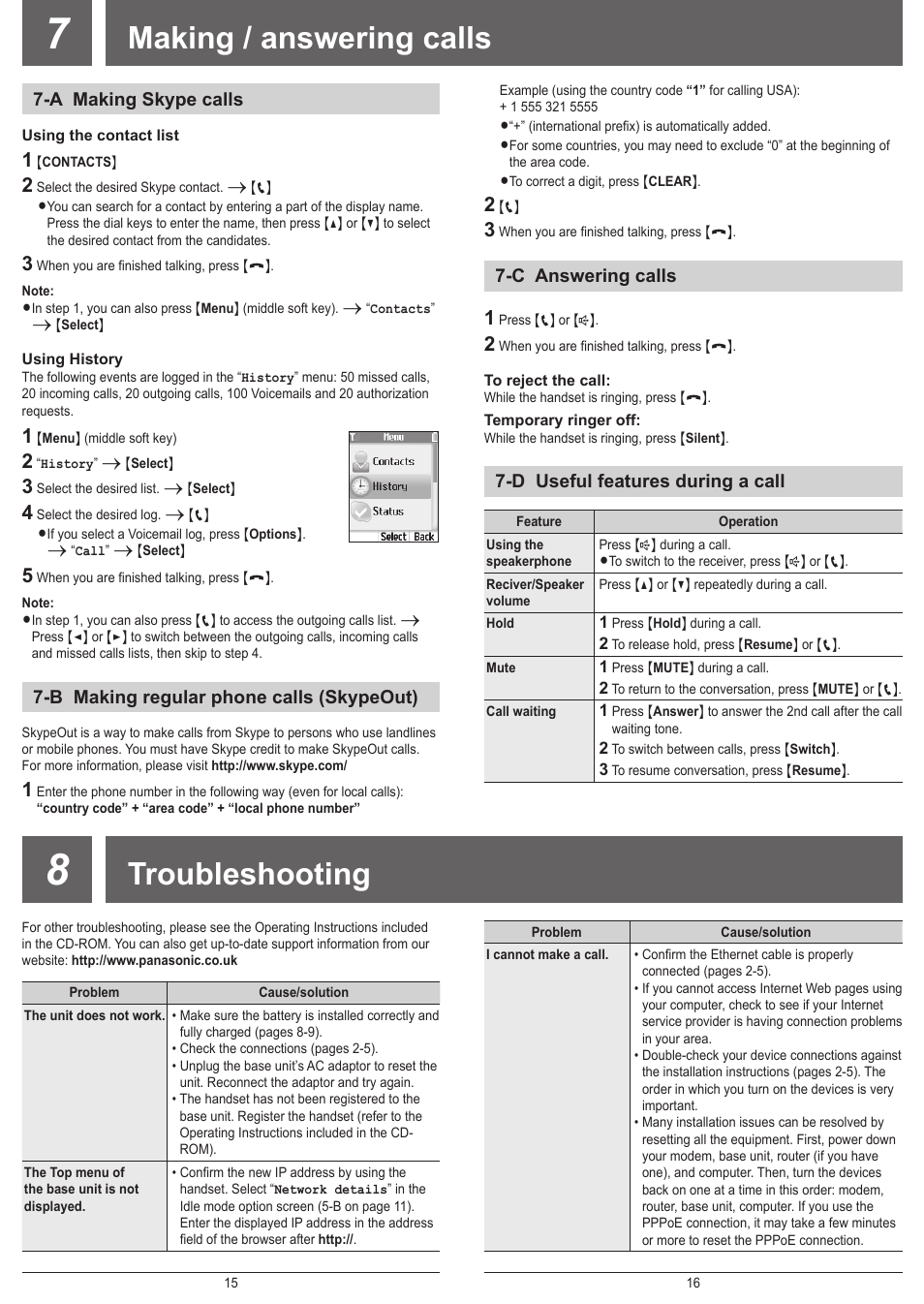 Making / answering calls, Troubleshooting | Panasonic KX-WP1050E User Manual | Page 9 / 9