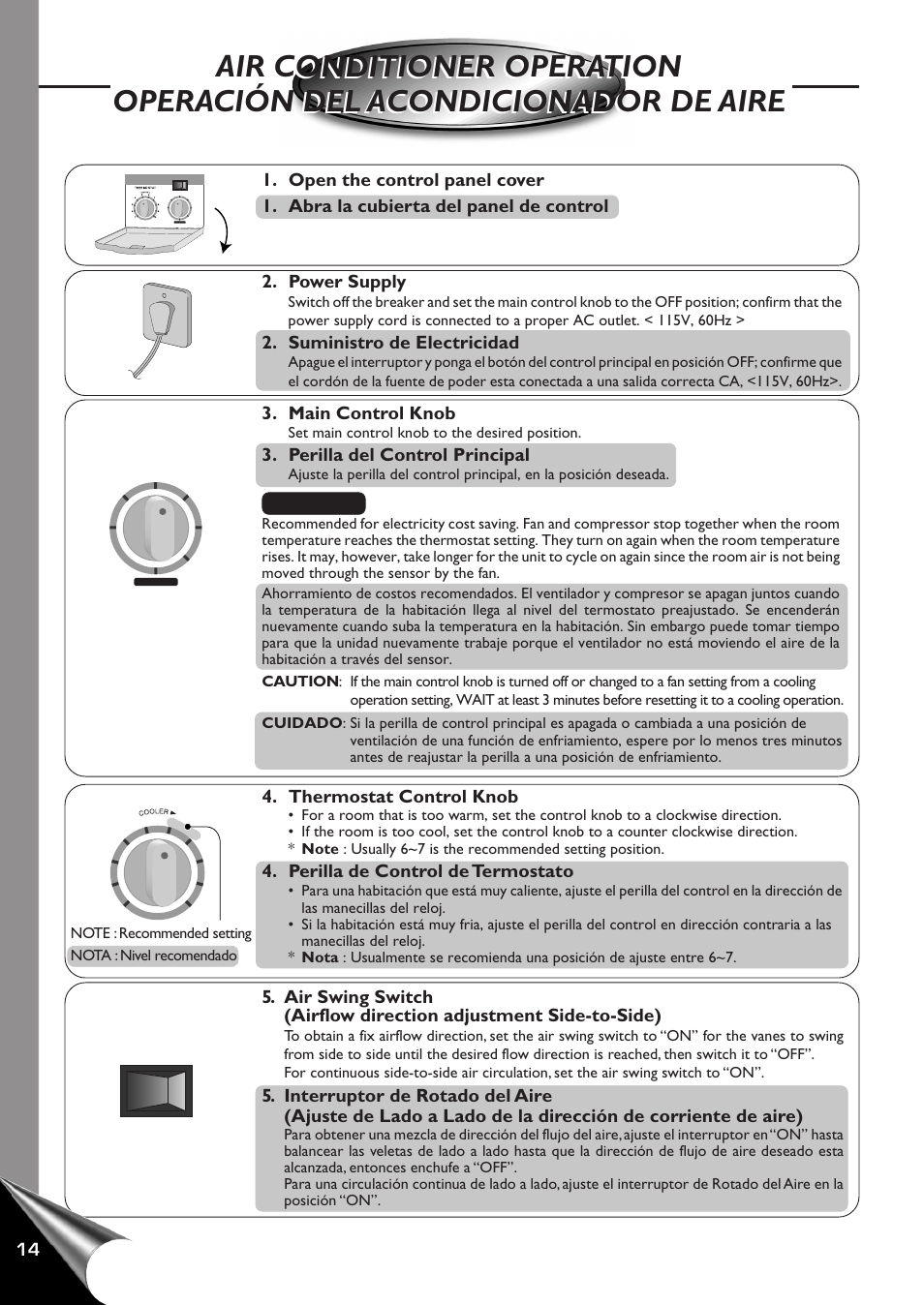 Air conditioner operation, Operacion del acondicionador de aire, Perilla del control principal | Thermostat control knob, Perilla de control de termostato, Power supply, Suministro de electricidad, Set main control knob to the desired position | Panasonic CW-C100AU User Manual | Page 16 / 24