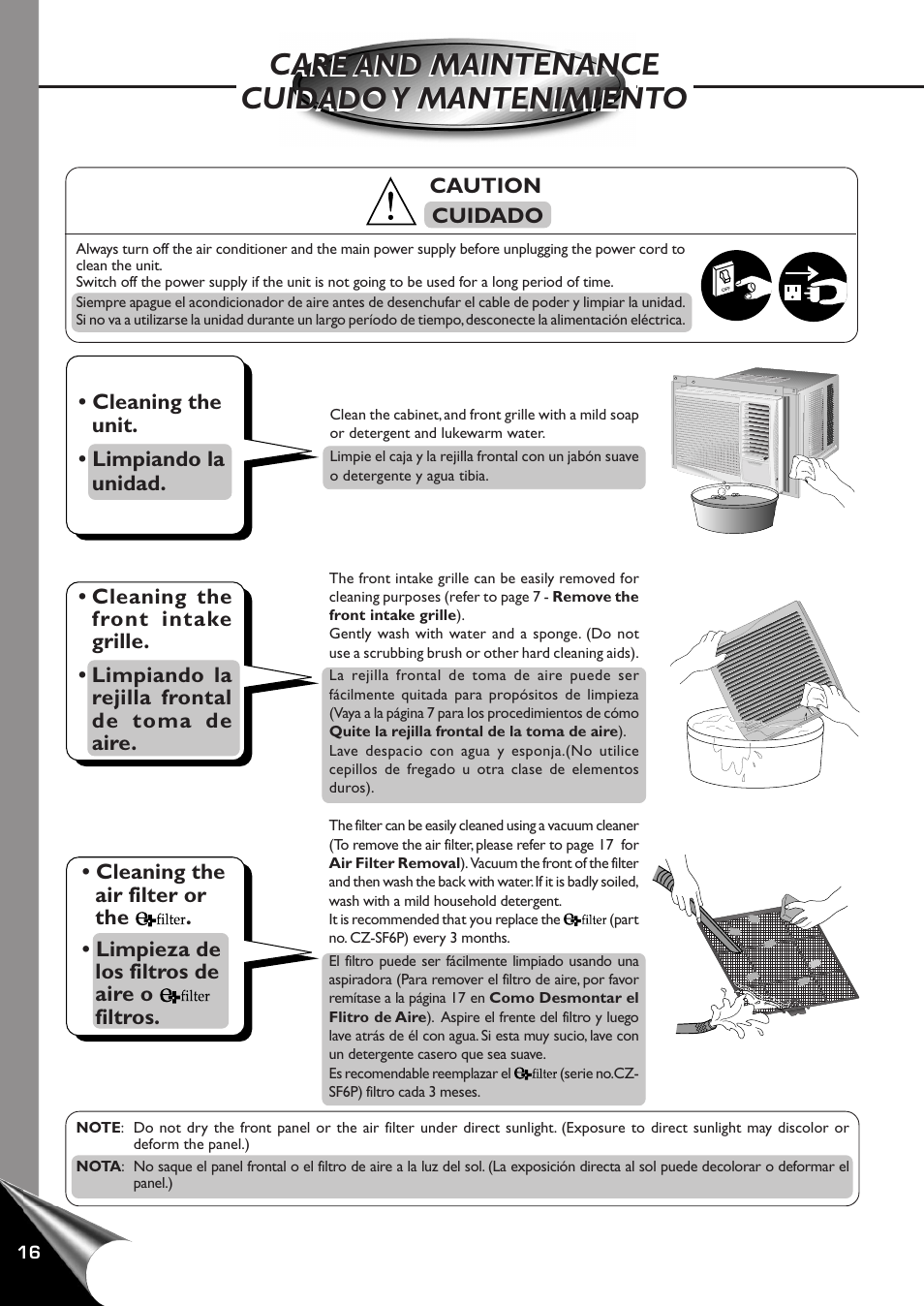 Care and maintenance, Cuidado y mantenimiento | Panasonic CW-C100AU User Manual | Page 18 / 24