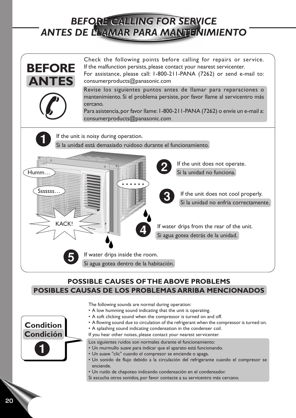 Before calling for service, Antes de llamar para mantenimiento, Before antes | Panasonic CW-C100AU User Manual | Page 22 / 24