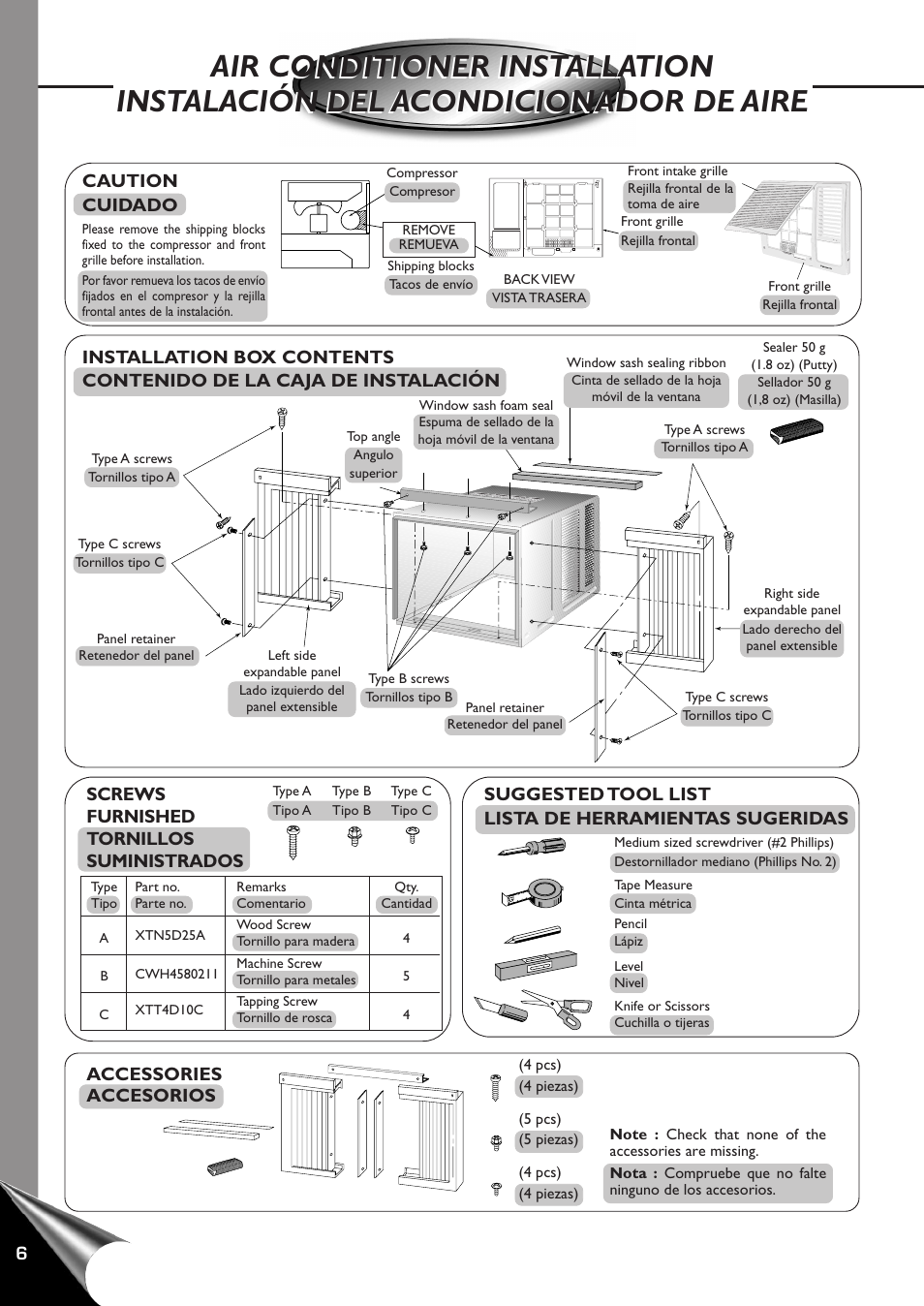 Air conditioner installation, Instalacion del acondicionador de aire, Caution cuidado | Accessories accesorios, Screws furnished tornillos suministrados | Panasonic CW-C100AU User Manual | Page 8 / 24