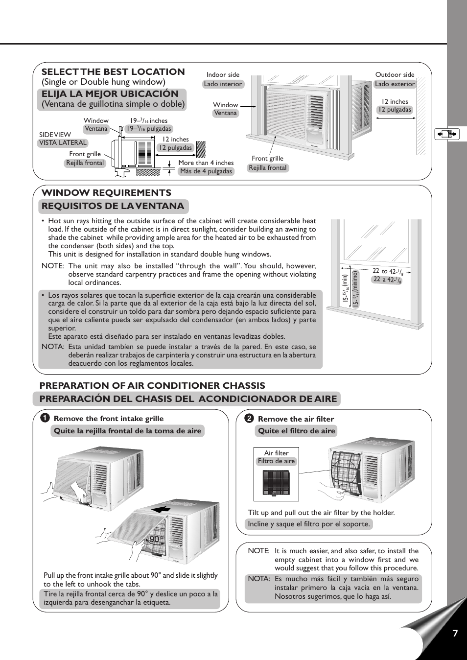Window requirements requisitos de la ventana | Panasonic CW-C100AU User Manual | Page 9 / 24
