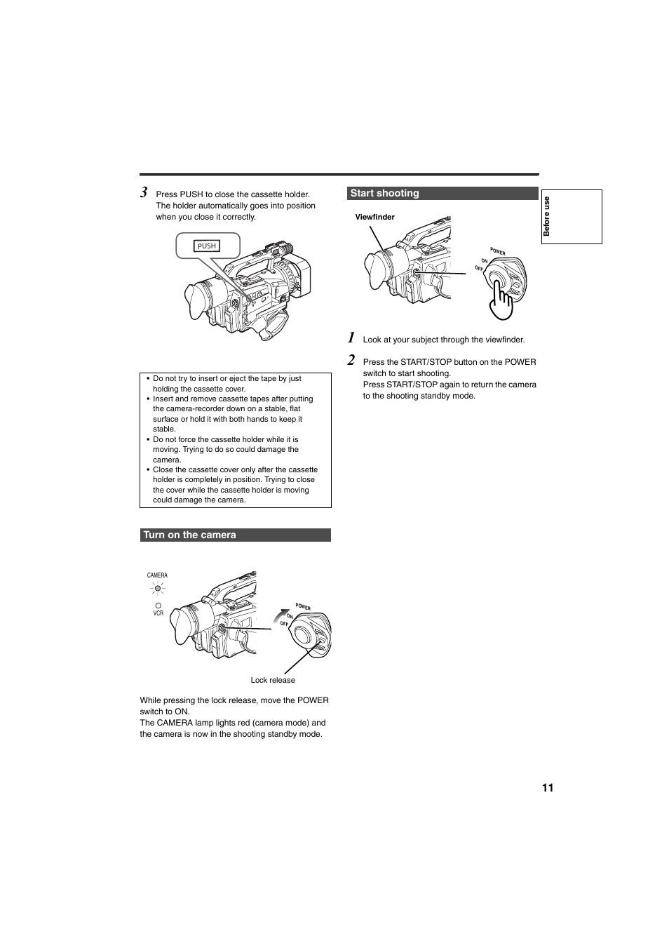Turn on the camera, Start shooting | Panasonic AG-DVX100B User Manual | Page 11 / 88