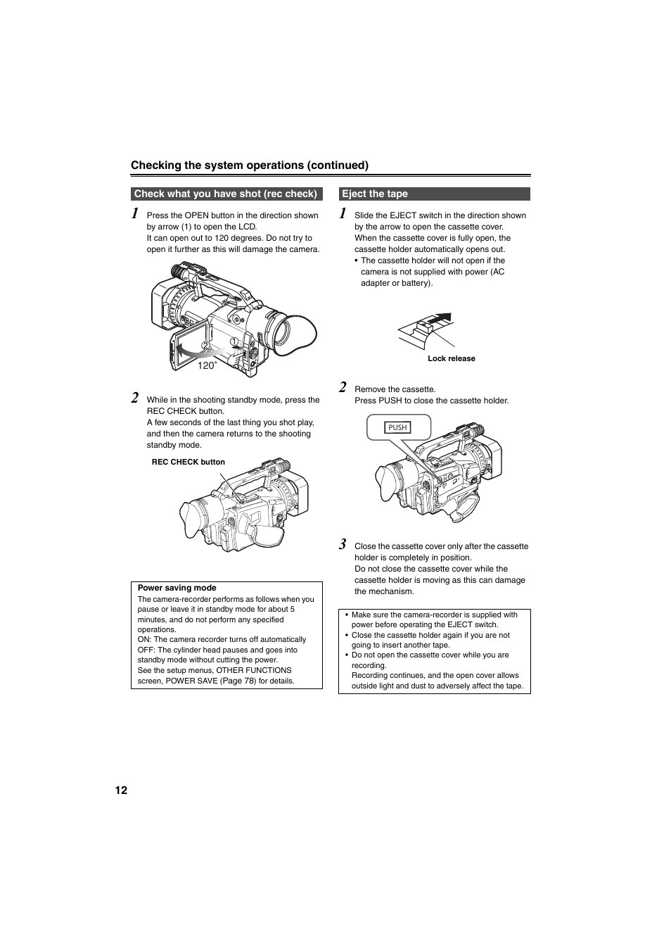 Check what you have shot (rec check), Eject the tape | Panasonic AG-DVX100B User Manual | Page 12 / 88