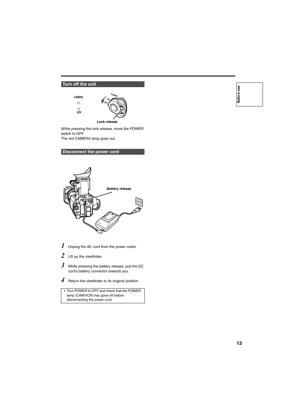 Turn off the unit, Disconnect the power cord | Panasonic AG-DVX100B User Manual | Page 13 / 88