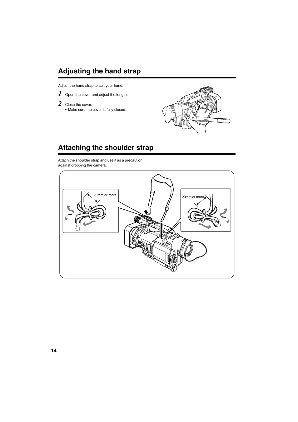 Adjusting the hand strap, Attaching the shoulder strap | Panasonic AG-DVX100B User Manual | Page 14 / 88