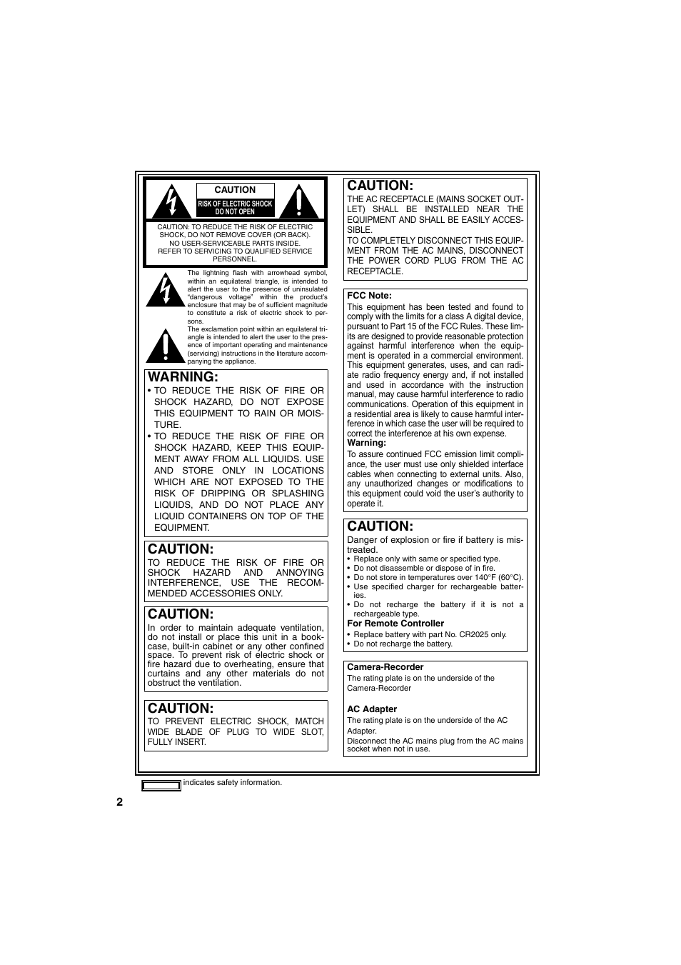 Warning, Caution | Panasonic AG-DVX100B User Manual | Page 2 / 88