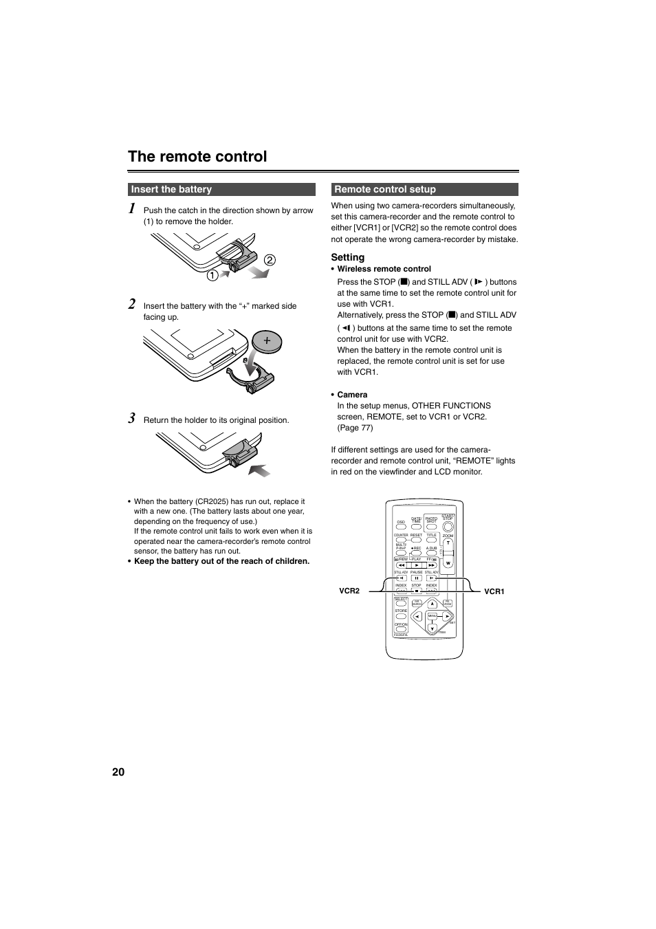 The remote control, Insert the battery, Remote control setup | The remote control 1, Setting, Insert the battery remote control setup, Return the holder to its original position | Panasonic AG-DVX100B User Manual | Page 20 / 88