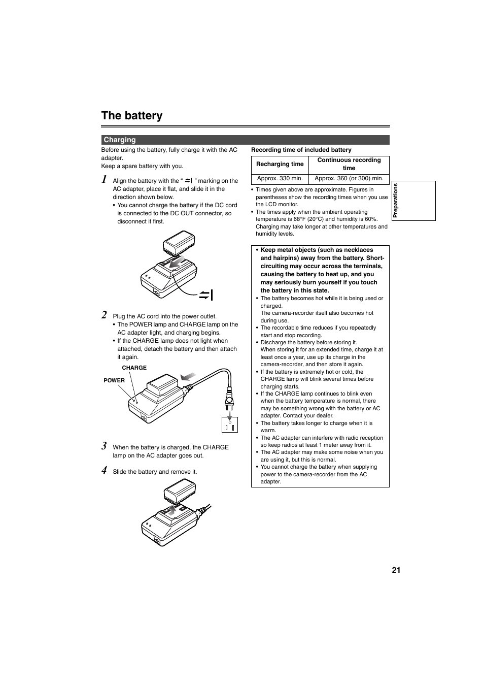 The battery, Charging | Panasonic AG-DVX100B User Manual | Page 21 / 88
