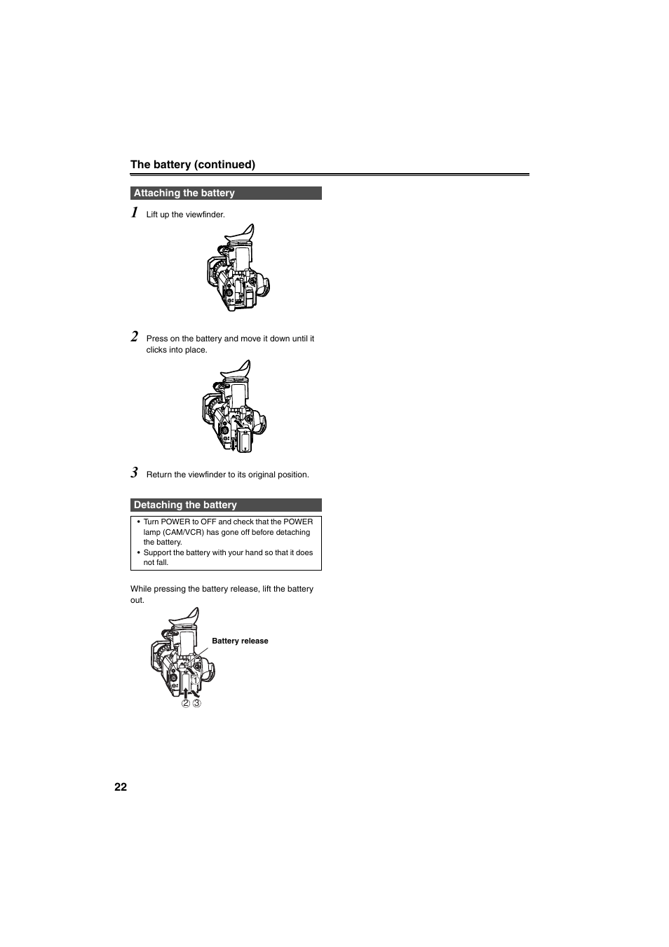 Attaching the battery, Detaching the battery, And 22 | Panasonic AG-DVX100B User Manual | Page 22 / 88