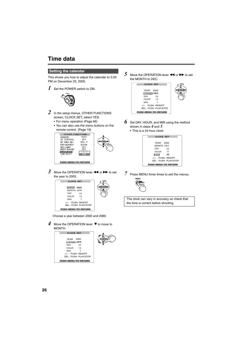 Time data, Setting the calendar | Panasonic AG-DVX100B User Manual | Page 26 / 88