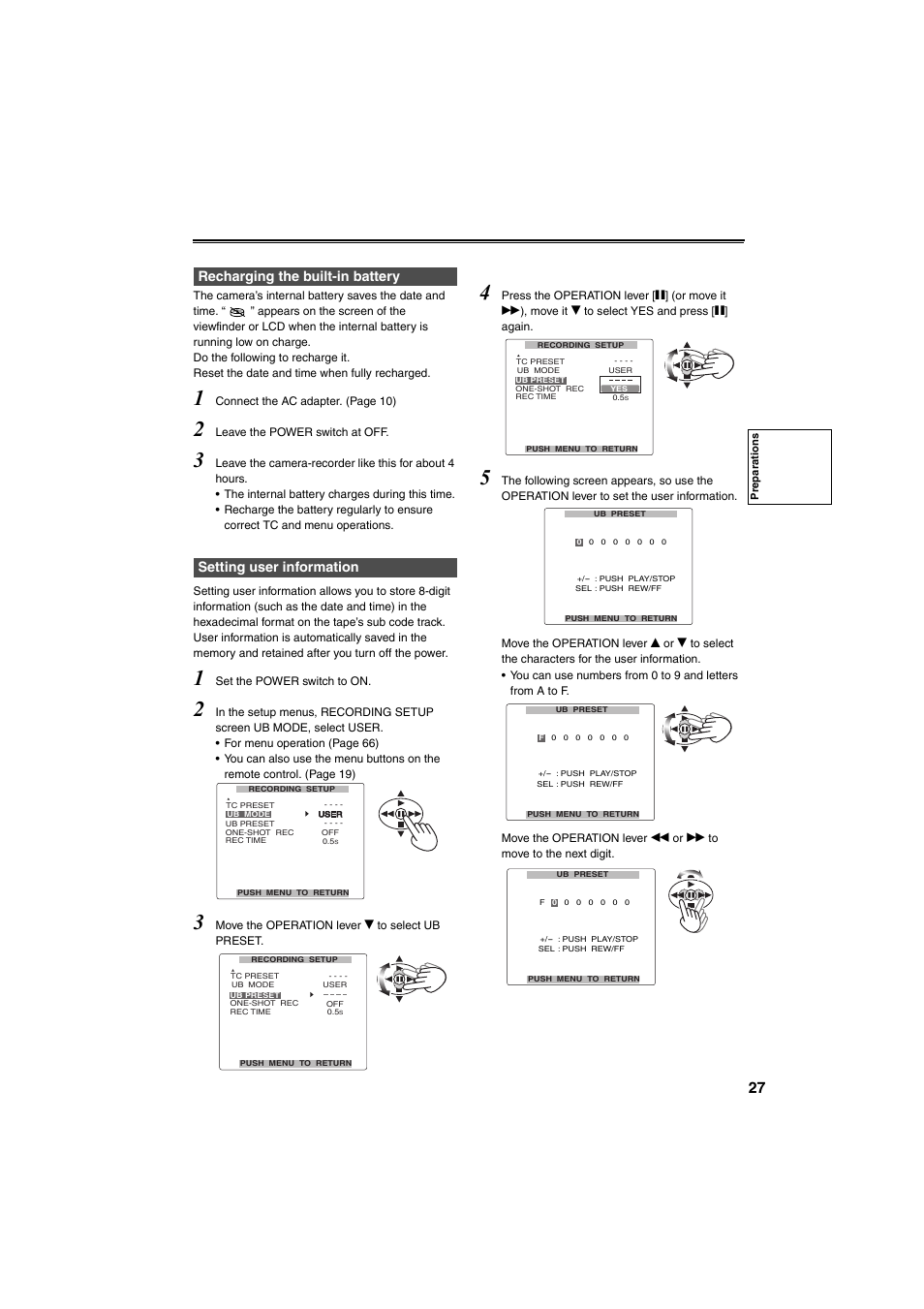 Recharging the built-in battery, Setting user information | Panasonic AG-DVX100B User Manual | Page 27 / 88