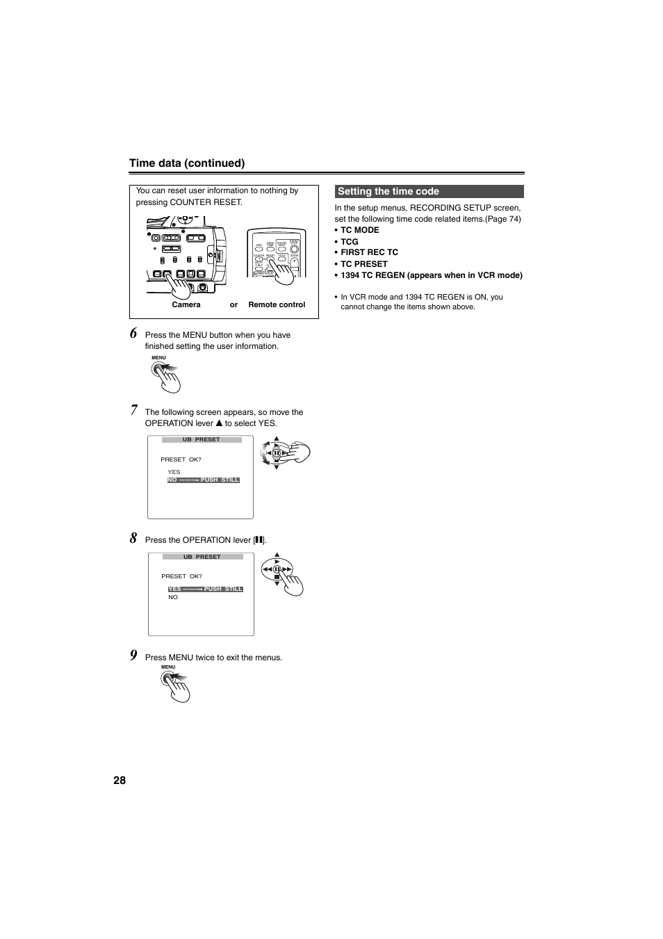 Setting the time code, 28 time data (continued), Press the operation lever [h | Panasonic AG-DVX100B User Manual | Page 28 / 88