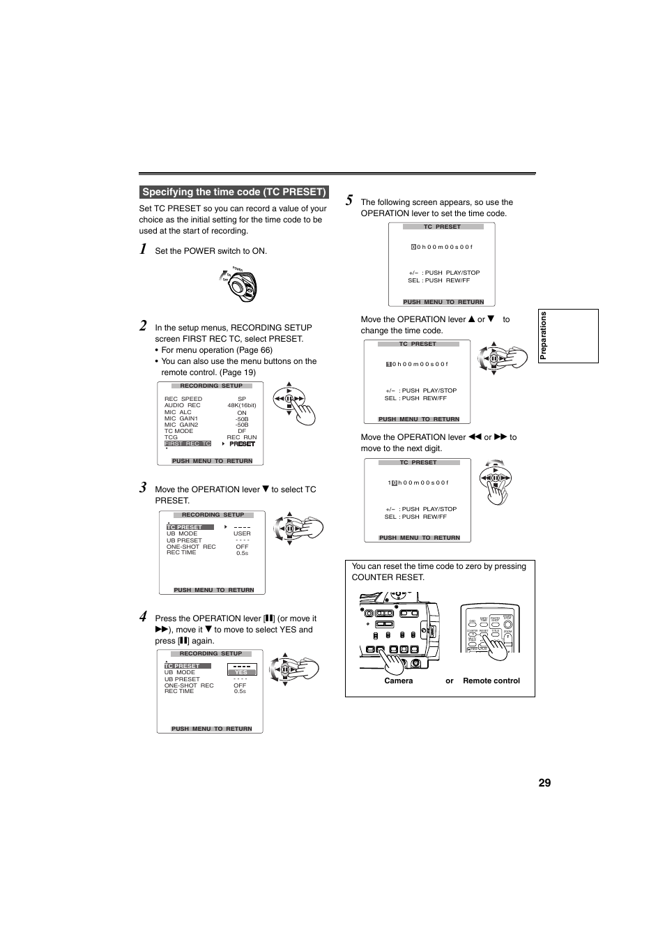 Specifying the time code (tc preset), Set the power switch to on, Move the operation lever r to select tc preset | Panasonic AG-DVX100B User Manual | Page 29 / 88