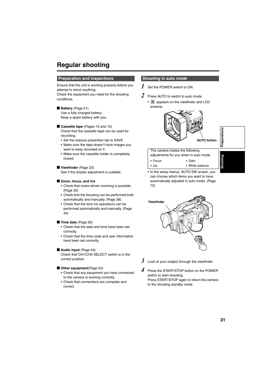 Regular shooting, Preparation and inspections, Shooting in auto mode | Preparation and inspections shooting in auto mode | Panasonic AG-DVX100B User Manual | Page 31 / 88