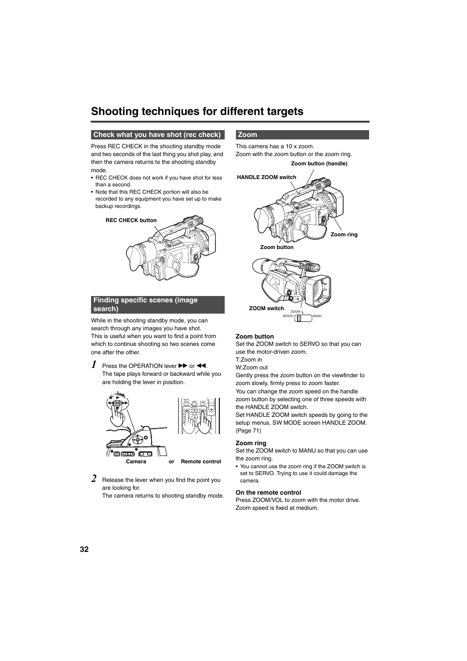 Shooting techniques for different targets, Check what you have shot (rec check), Finding specific scenes (image search) | Zoom, Shooting techniques for different targets 32 | Panasonic AG-DVX100B User Manual | Page 32 / 88