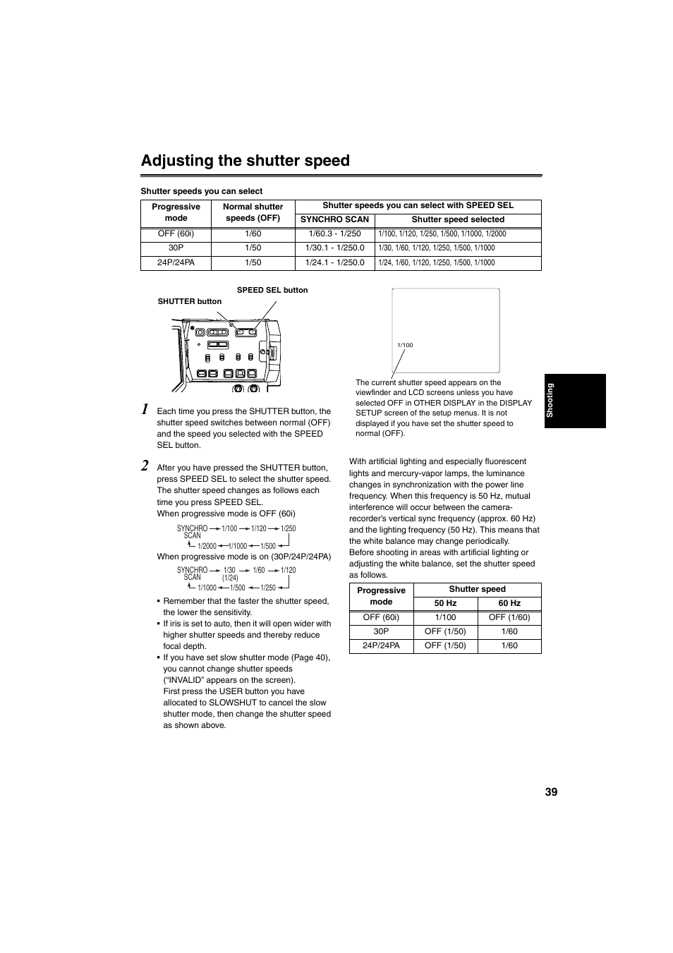 Adjusting the shutter speed | Panasonic AG-DVX100B User Manual | Page 39 / 88