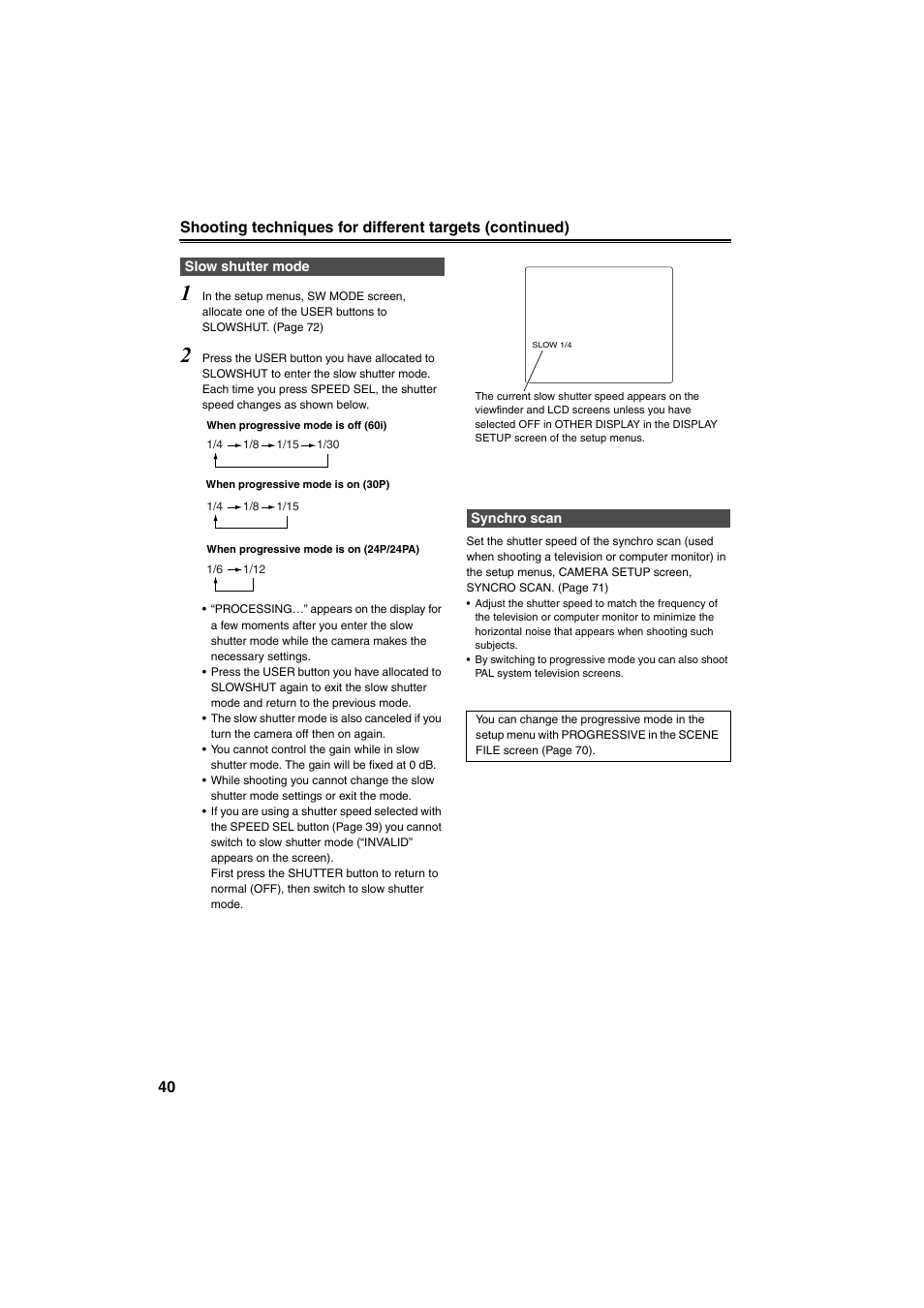 Slow shutter mode, Synchro scan, Slow shutter mode synchro scan | Panasonic AG-DVX100B User Manual | Page 40 / 88