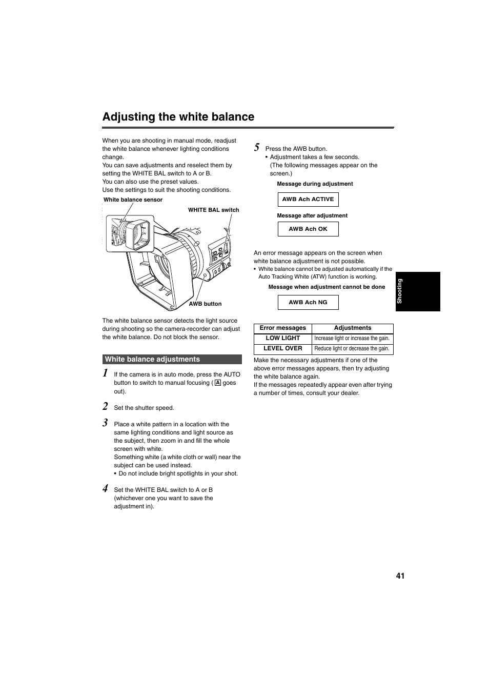 Adjusting the white balance, White balance adjustments | Panasonic AG-DVX100B User Manual | Page 41 / 88