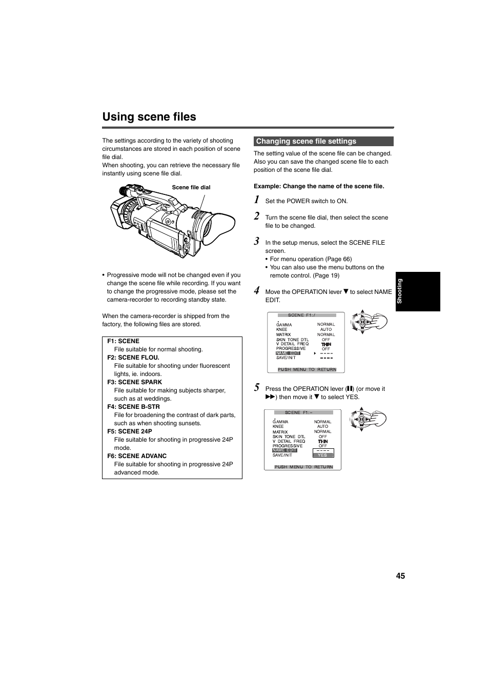Using scene files, Changing scene file settings | Panasonic AG-DVX100B User Manual | Page 45 / 88