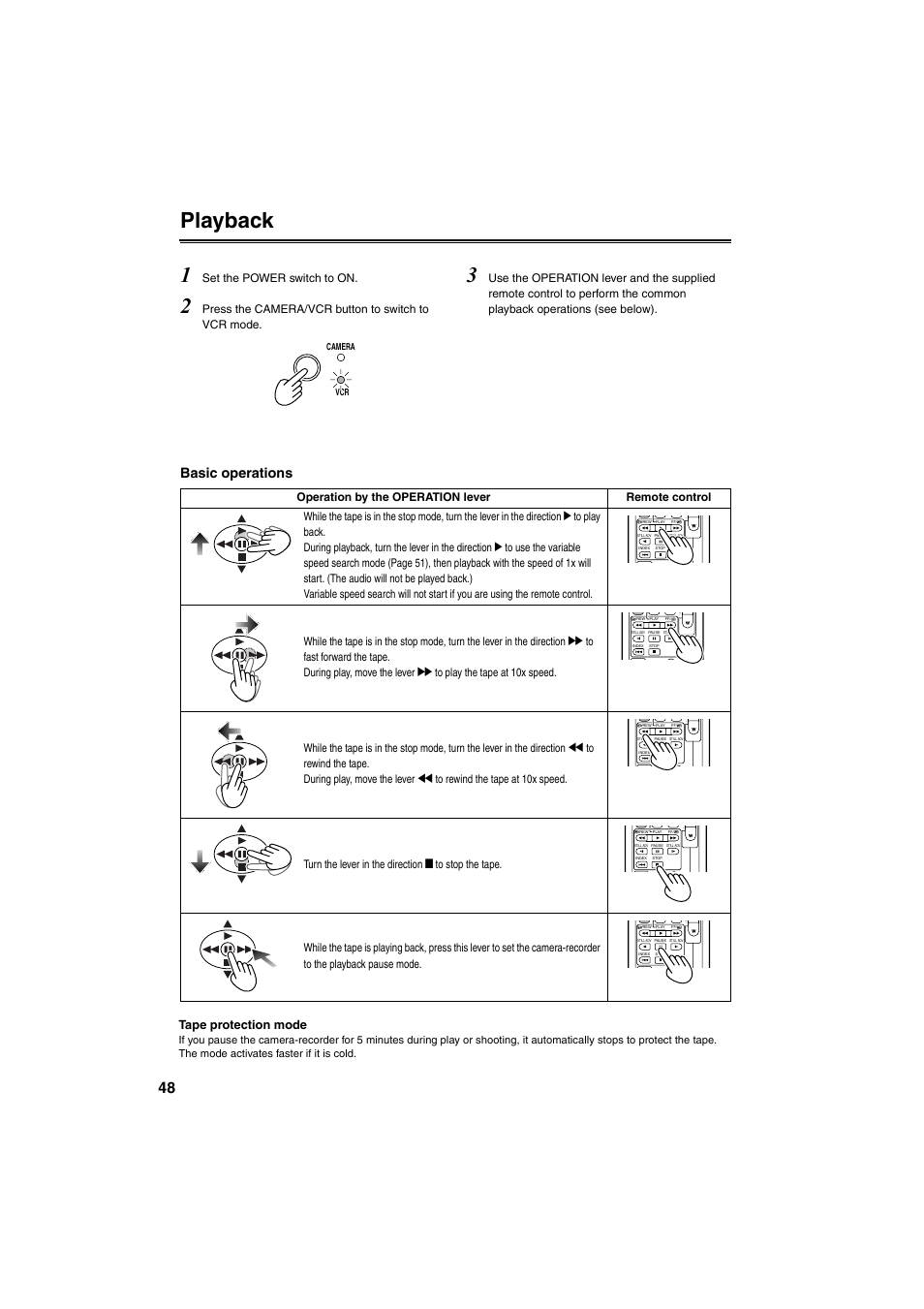 Playback, 48, a, Playback 1 | Basic operations, Set the power switch to on, Press the camera/vcr button to switch to vcr mode, Tape protection mode | Panasonic AG-DVX100B User Manual | Page 48 / 88