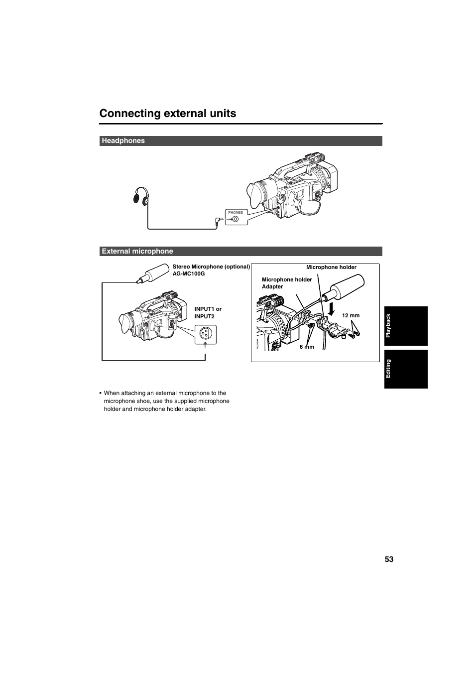 Connecting external units, Headphones, External microphone | And 53) | Panasonic AG-DVX100B User Manual | Page 53 / 88