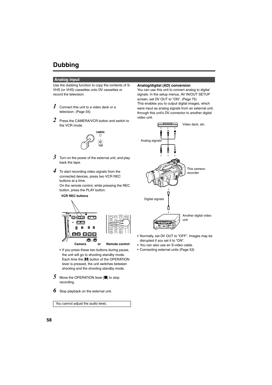 Dubbing, Analog input | Panasonic AG-DVX100B User Manual | Page 58 / 88