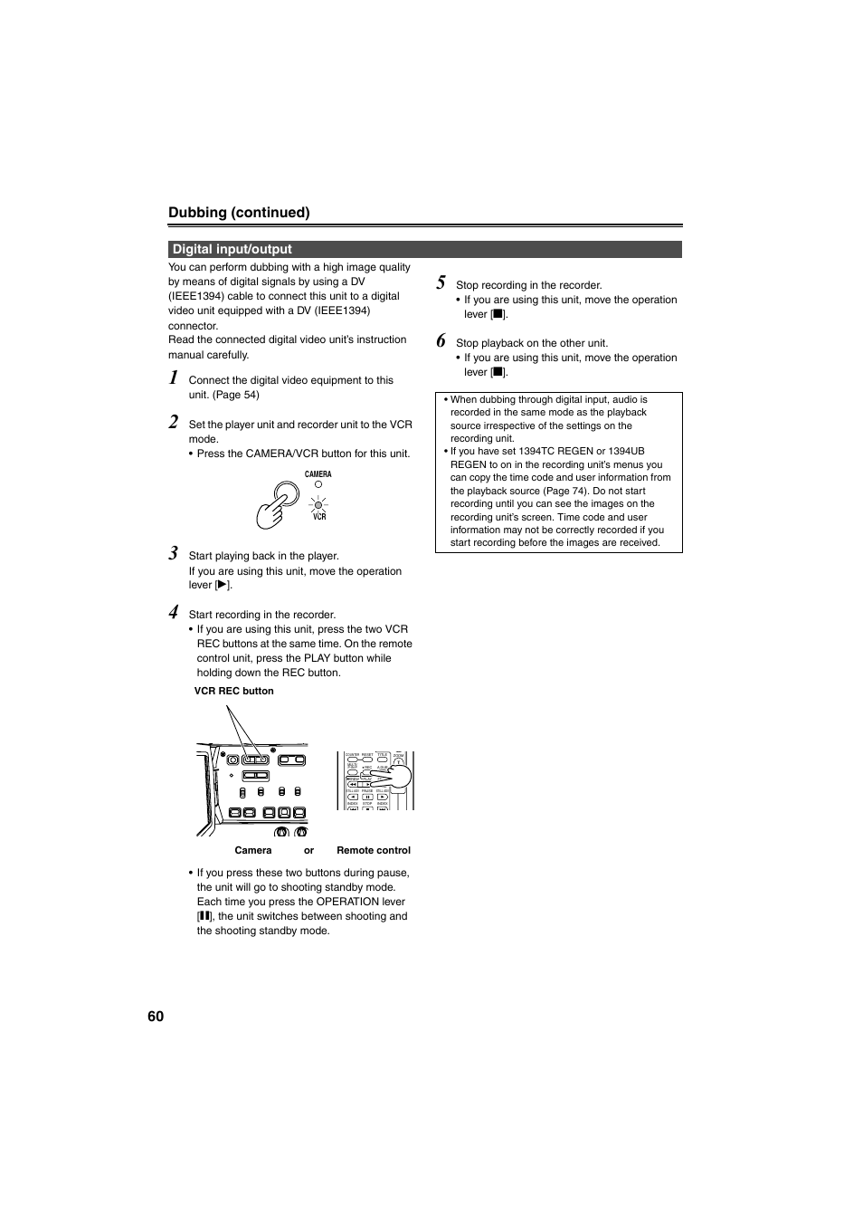 Digital input/output, D 60, D 60) | 60 dubbing (continued) | Panasonic AG-DVX100B User Manual | Page 60 / 88