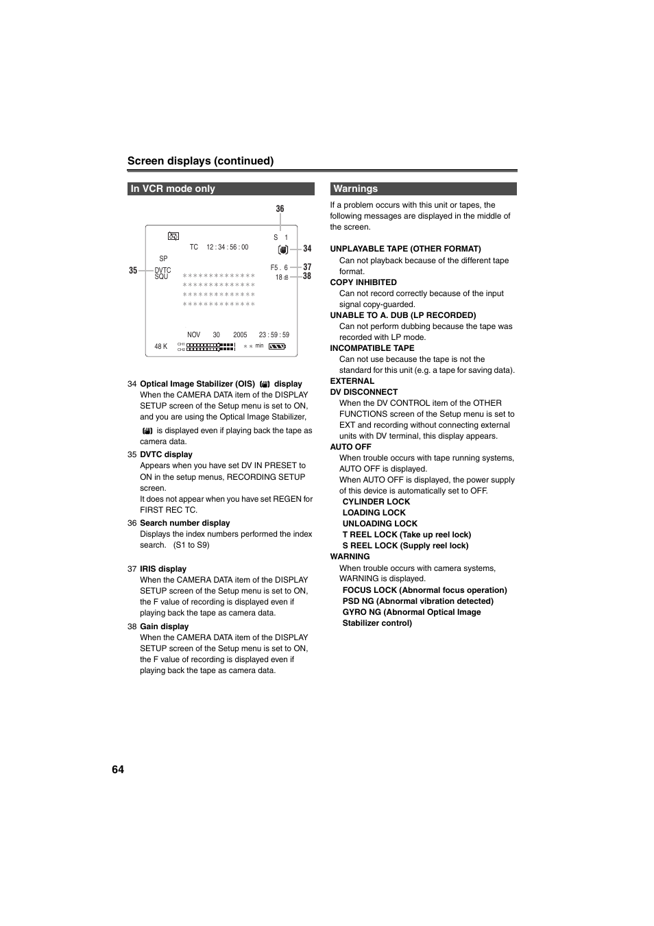 In vcr mode only, Warnings | Panasonic AG-DVX100B User Manual | Page 64 / 88