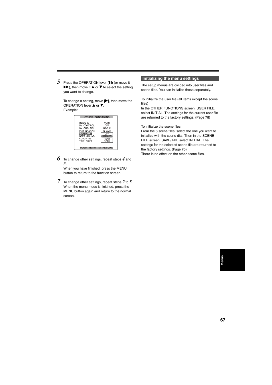 Initializing the menu settings | Panasonic AG-DVX100B User Manual | Page 67 / 88