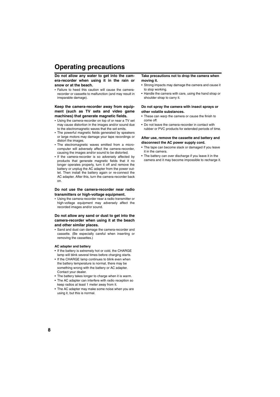 Operating precautions | Panasonic AG-DVX100B User Manual | Page 8 / 88