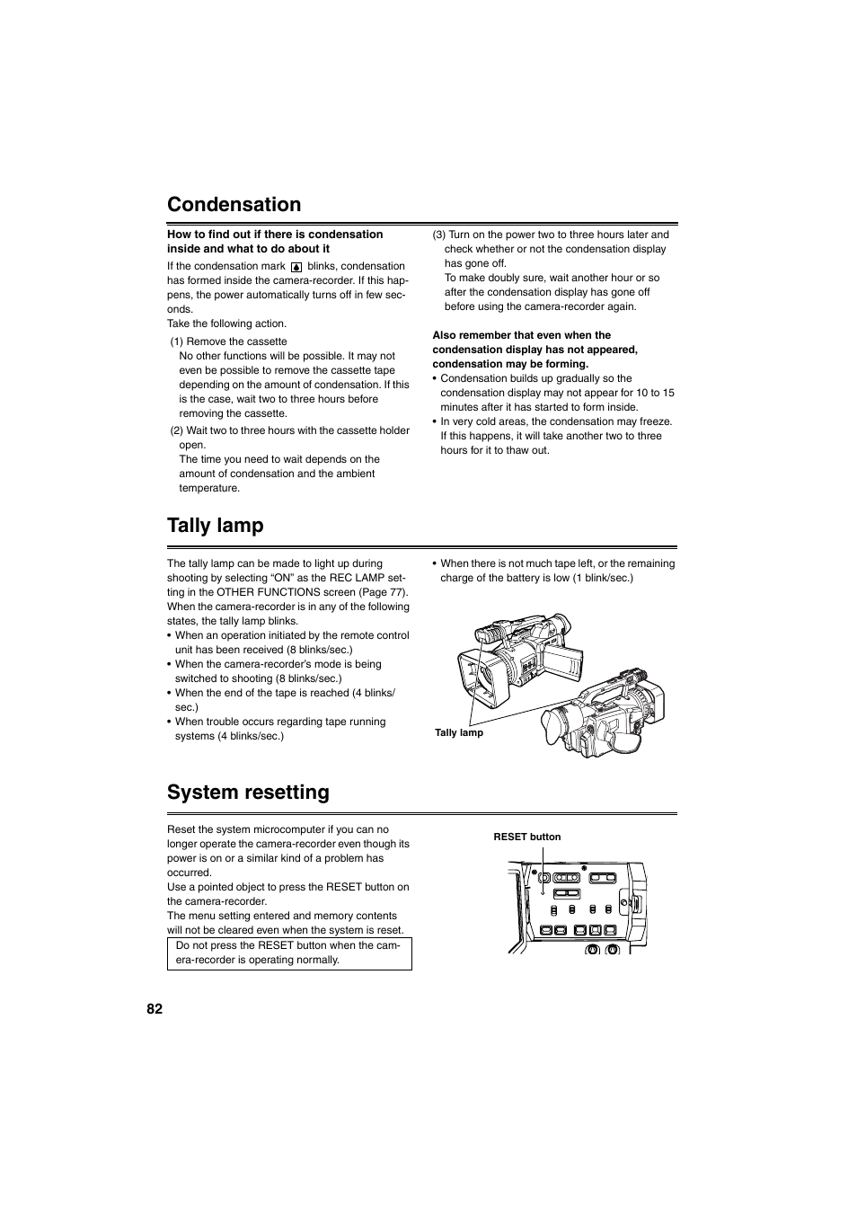 Condensation, Tally lamp, System resetting | P 82 | Panasonic AG-DVX100B User Manual | Page 82 / 88