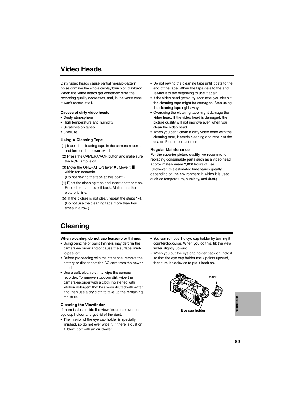 Video heads, Cleaning | Panasonic AG-DVX100B User Manual | Page 83 / 88