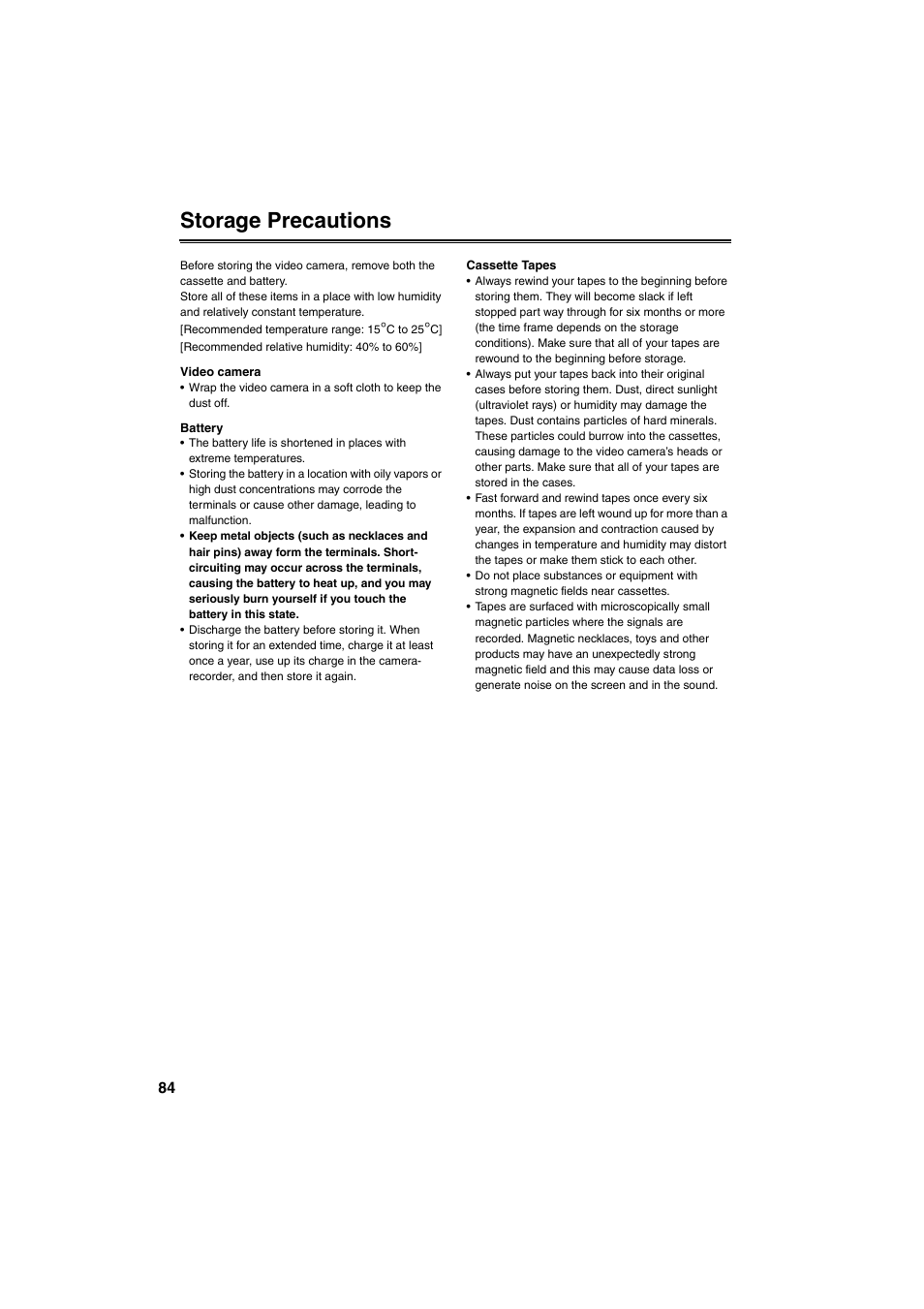 Storage precautions | Panasonic AG-DVX100B User Manual | Page 84 / 88