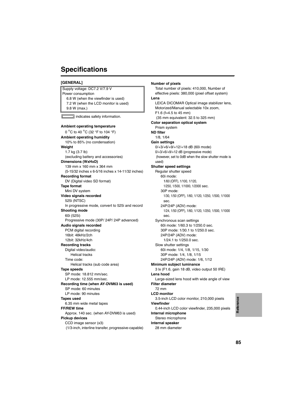 Specifications | Panasonic AG-DVX100B User Manual | Page 85 / 88