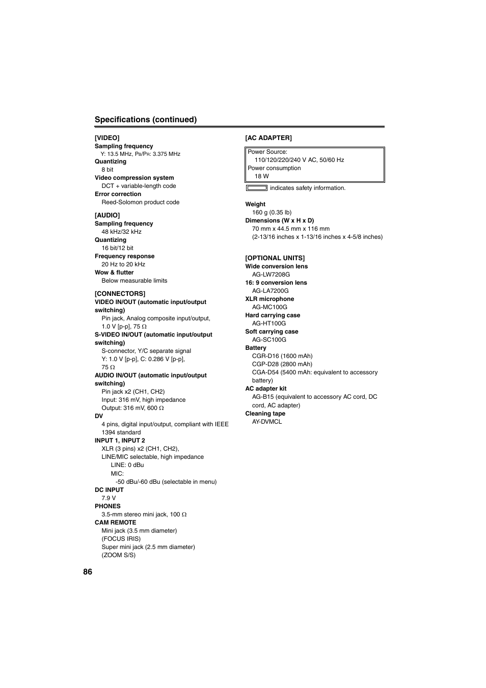 Panasonic AG-DVX100B User Manual | Page 86 / 88