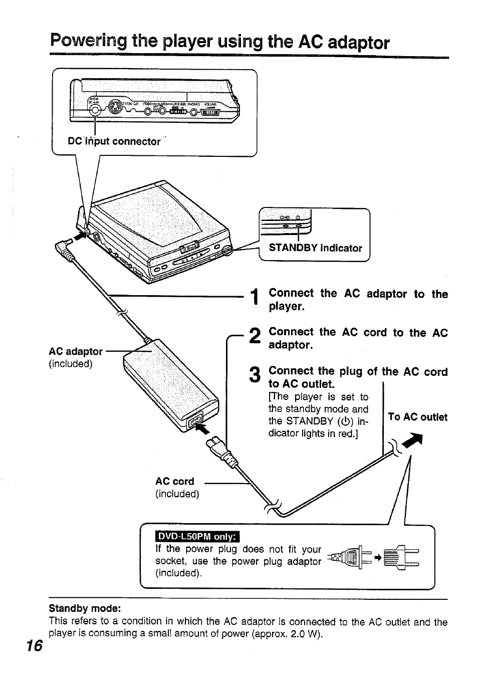 Powering the player using the ac adaptor | Panasonic DVD-L50PM User Manual | Page 16 / 58