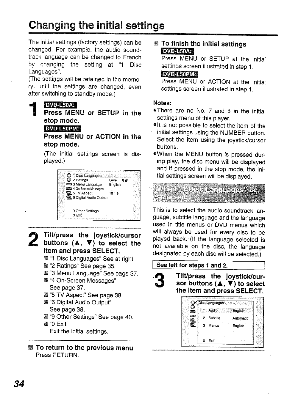 Changing the initial settings | Panasonic DVD-L50PM User Manual | Page 34 / 58