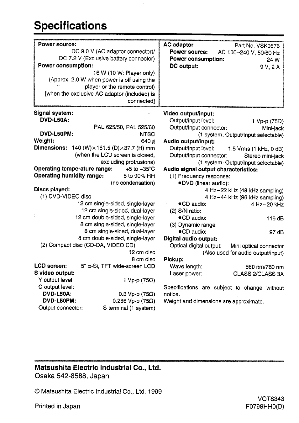 Specifications | Panasonic DVD-L50PM User Manual | Page 58 / 58