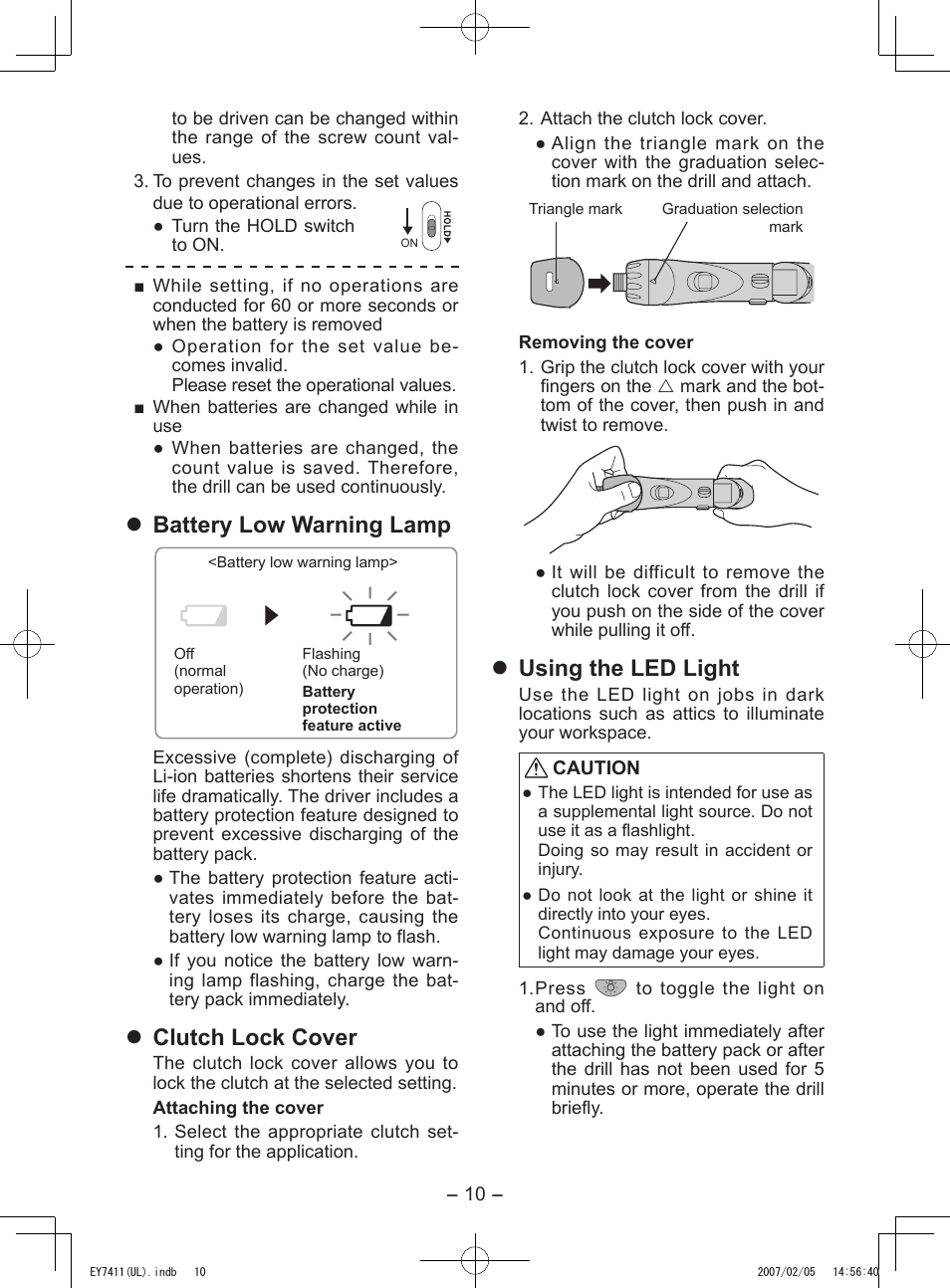 Battery low warning lamp, Clutch lock cover, Using the led light | Panasonic EY7411 User Manual | Page 10 / 44