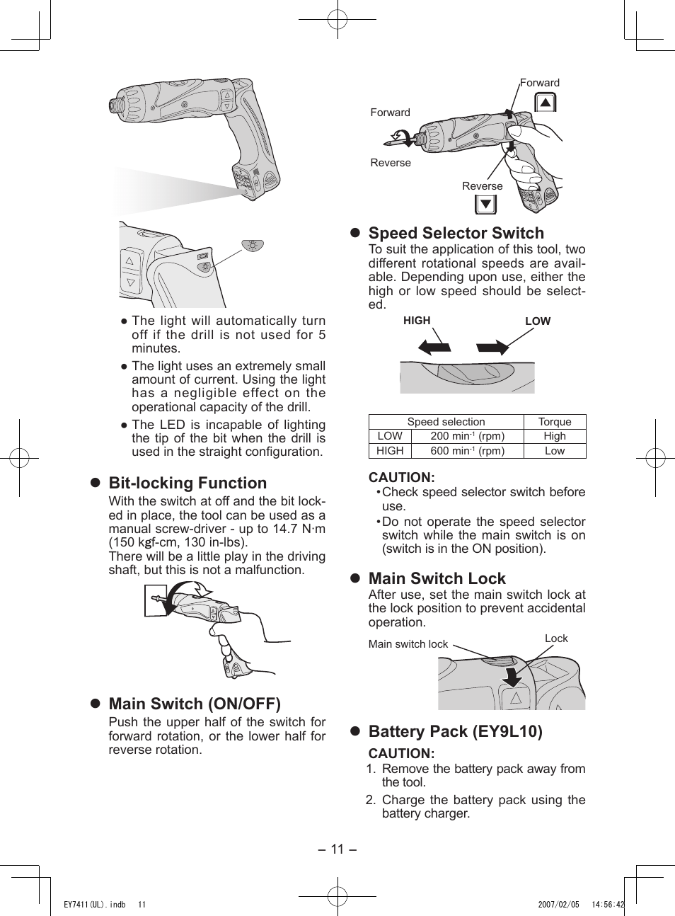 Bit­locking function, Main switch (on/off), Speed selector switch | Main switch lock, Battery pack (ey9l10) | Panasonic EY7411 User Manual | Page 11 / 44