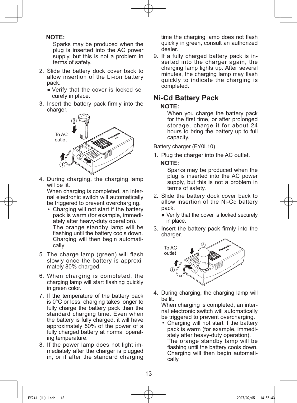 Ni­cd battery pack | Panasonic EY7411 User Manual | Page 13 / 44