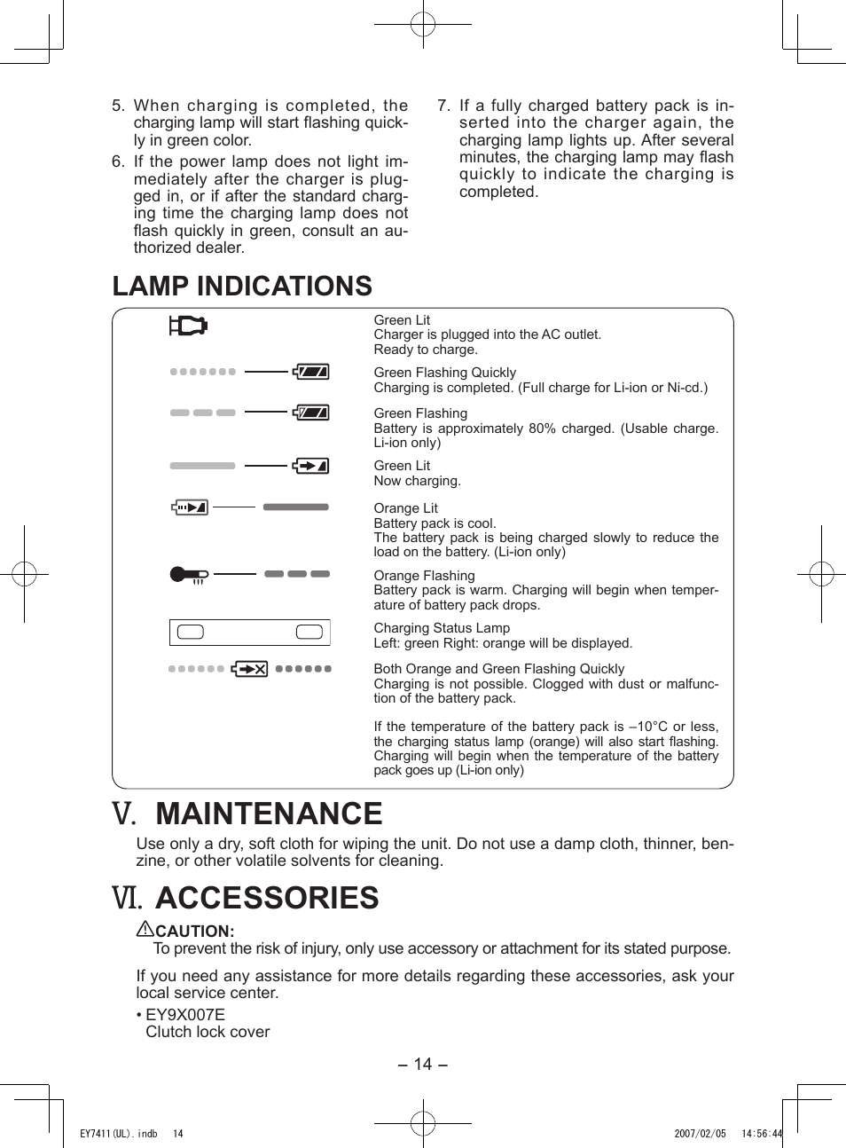 Maintenance, Accessories, Lamp indications | Panasonic EY7411 User Manual | Page 14 / 44