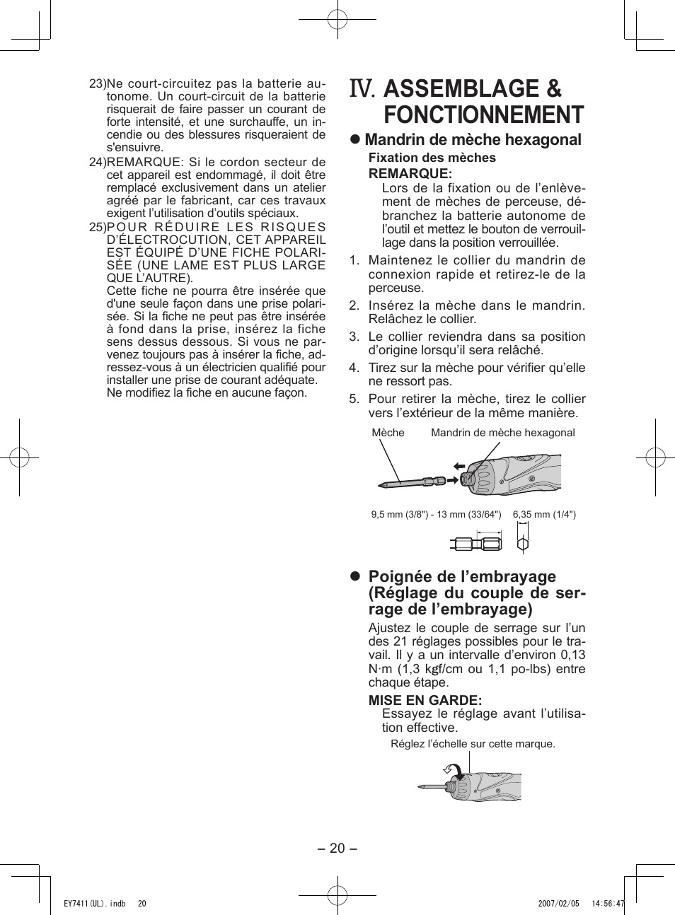 Assemblage & fonctionnement, Mandrin de mèche hexagonal | Panasonic EY7411 User Manual | Page 20 / 44