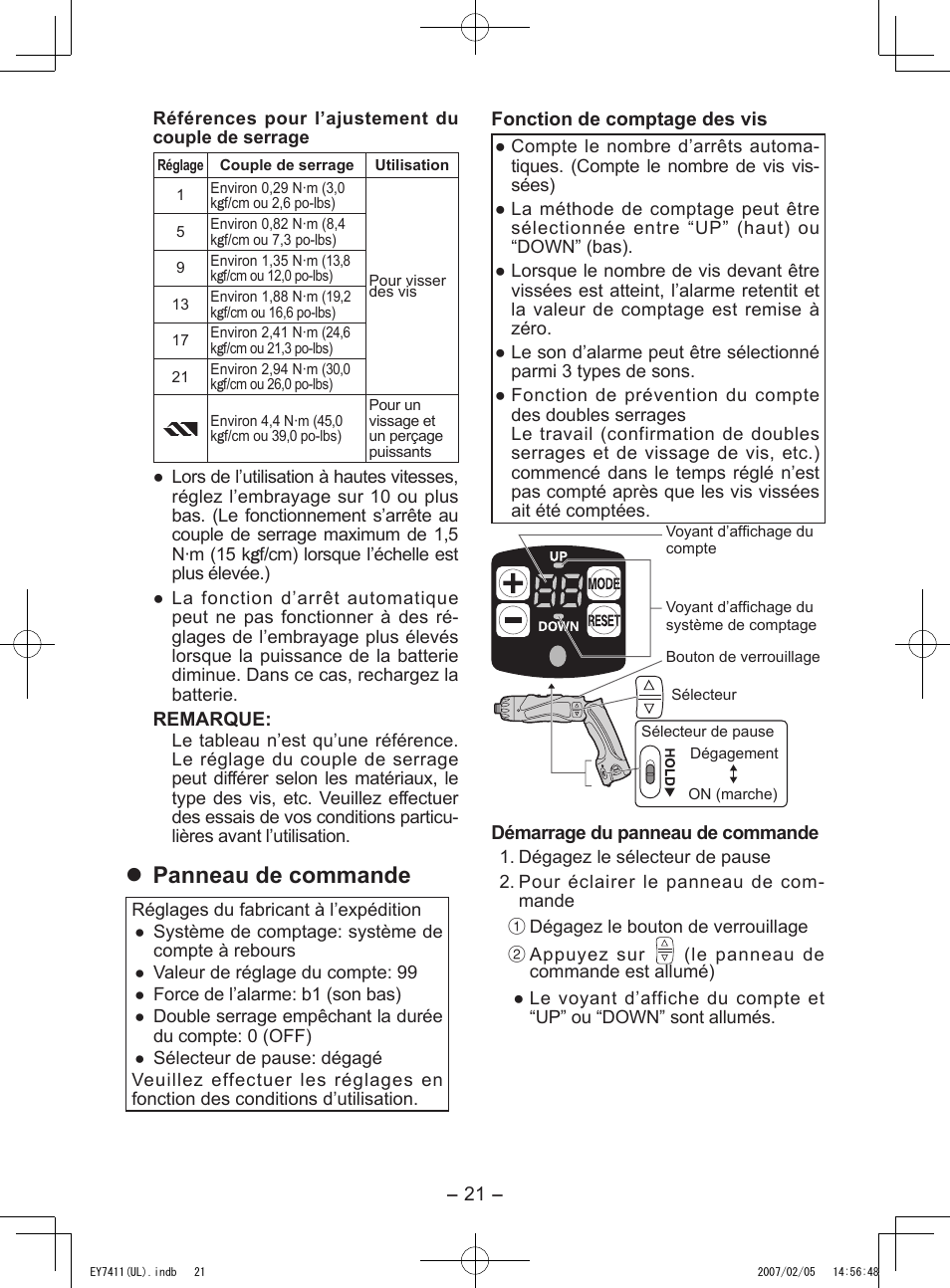 Panneau de commande | Panasonic EY7411 User Manual | Page 21 / 44